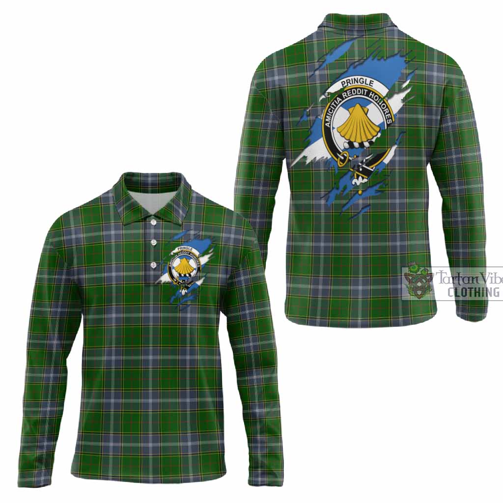 Pringle Clan Crest In Me Tartan Long Sleeve Polo Shirt Scotland Flag Style