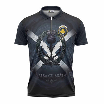 Pringle Clan Crest Zipper Polo Shirt with Celtic Knot Thistle and Saltire