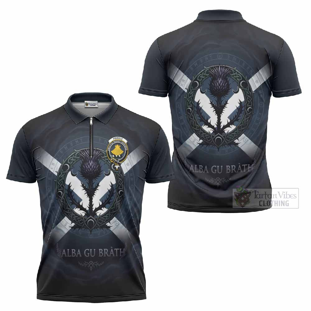 Pringle Clan Crest Zipper Polo Shirt with Celtic Knot Thistle and Saltire