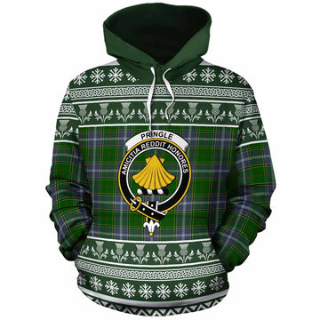 Pringle Clan Tartan Christmas Cotton Hoodie with Family Crest