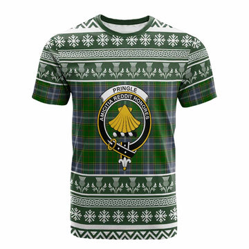 Pringle Clan Tartan Christmas Cotton T-shirt with Family Crest