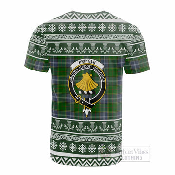 Pringle Clan Tartan Christmas Cotton T-shirt with Family Crest