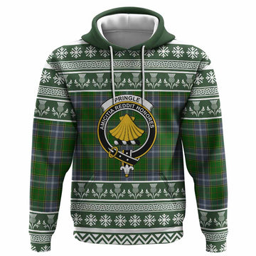 Pringle Clan Tartan Christmas Hoodie with Family Crest