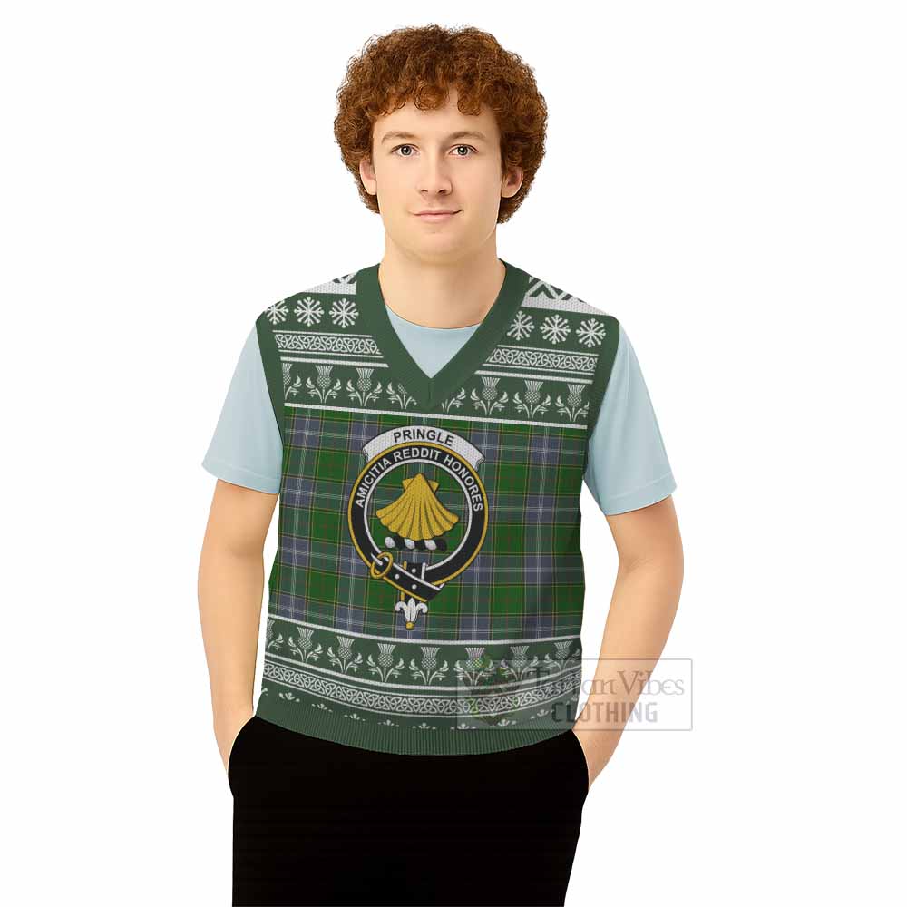 Pringle Clan Tartan Christmas Knitted V-Neck Vest with Family Crest - Tartan Vibes Clothing