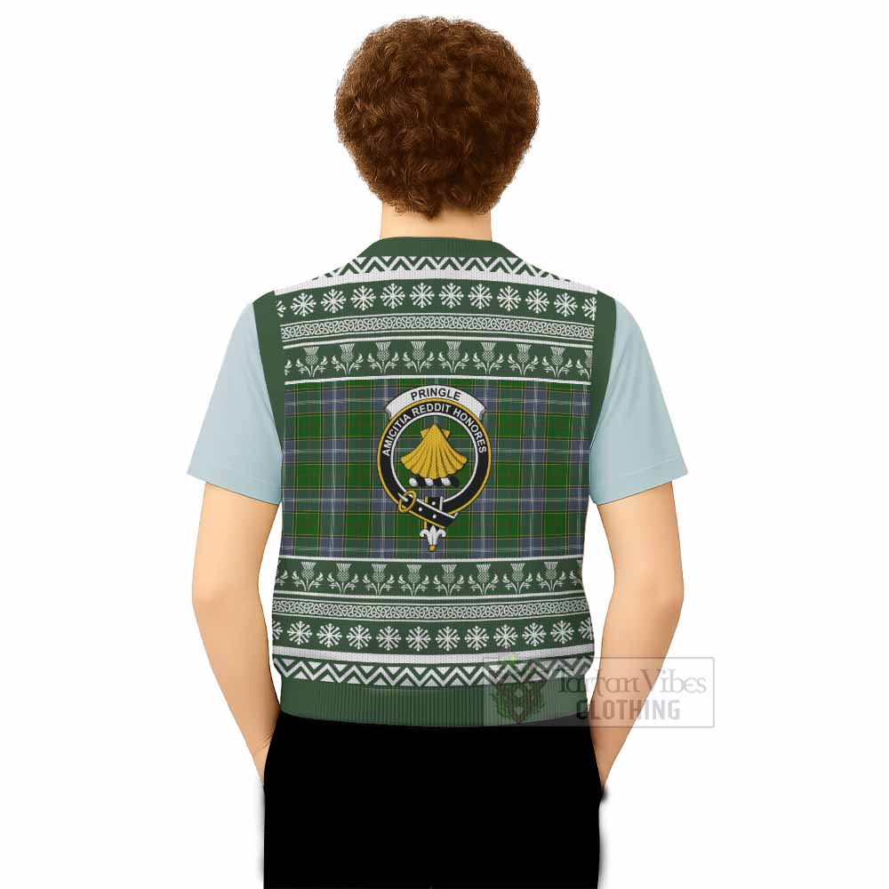 Pringle Clan Tartan Christmas Knitted V-Neck Vest with Family Crest - Tartan Vibes Clothing