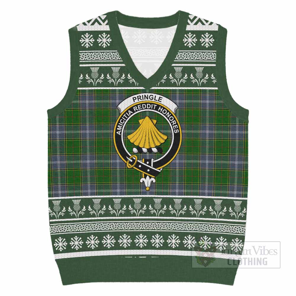 Pringle Clan Tartan Christmas Knitted V-Neck Vest with Family Crest - Tartan Vibes Clothing