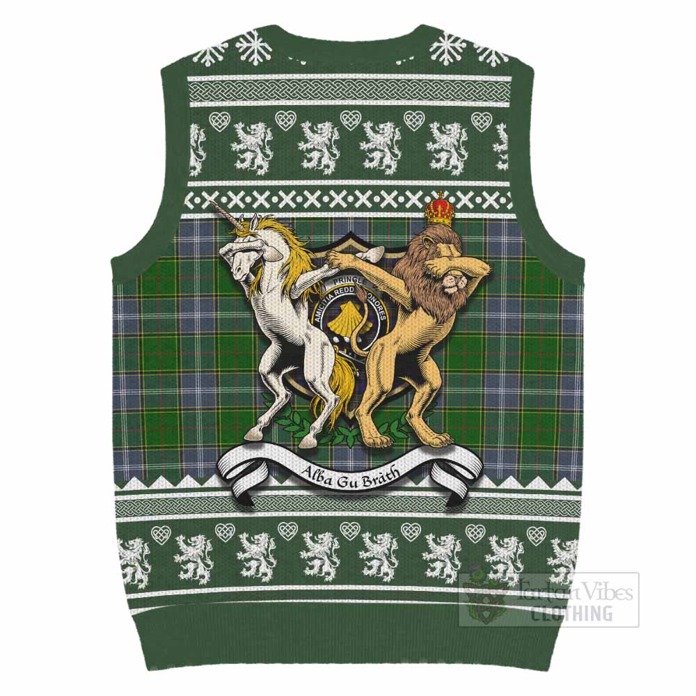 Pringle Clan Tartan Crest Christmas Knitted V-Neck Vest Coat of Arms Funny Style - Tartan Vibes Clothing