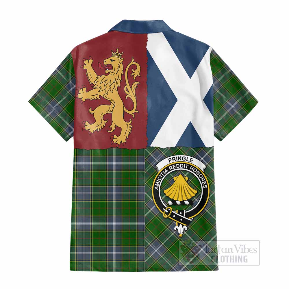 Pringle Crest Tartan Cotton Hawaiian Shirt with Lion Rampant Saltire Style - Tartan Vibes Clothing