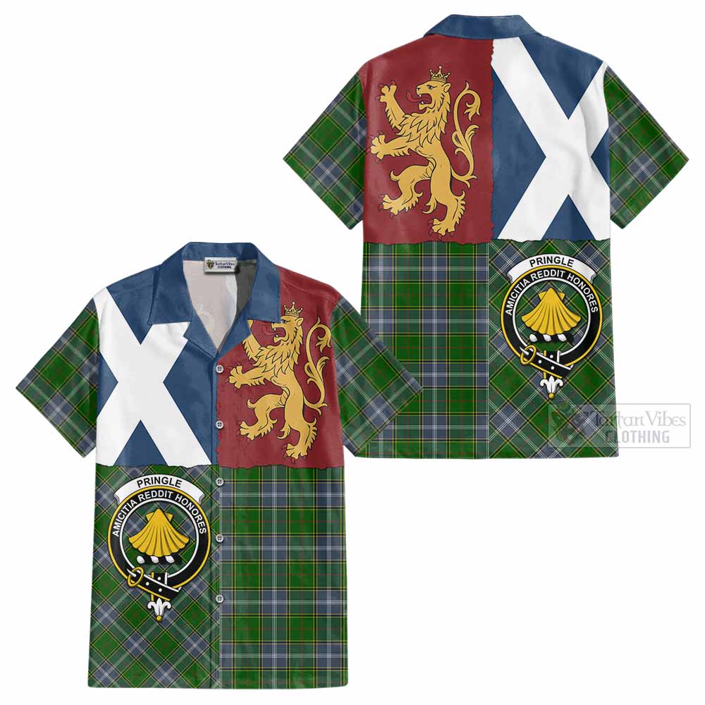 Pringle Crest Tartan Cotton Hawaiian Shirt with Lion Rampant Saltire Style - Tartan Vibes Clothing