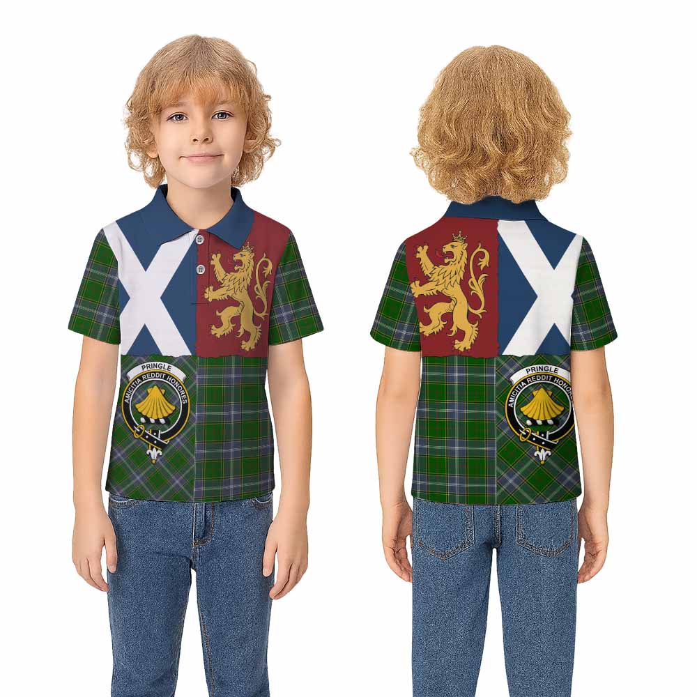 Pringle Crest Tartan Kid Polo Shirt with Lion Rampant Saltire Style - Tartan Vibes Clothing