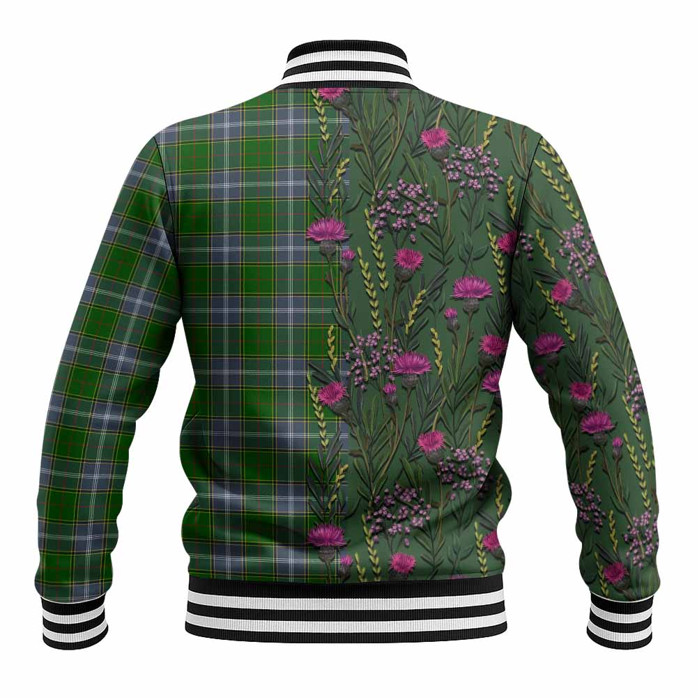 Pringle Family Crest Tartan Baseball Jacket Scottish Thistle Flower Pattern Half Style - Tartan Vibes Clothing