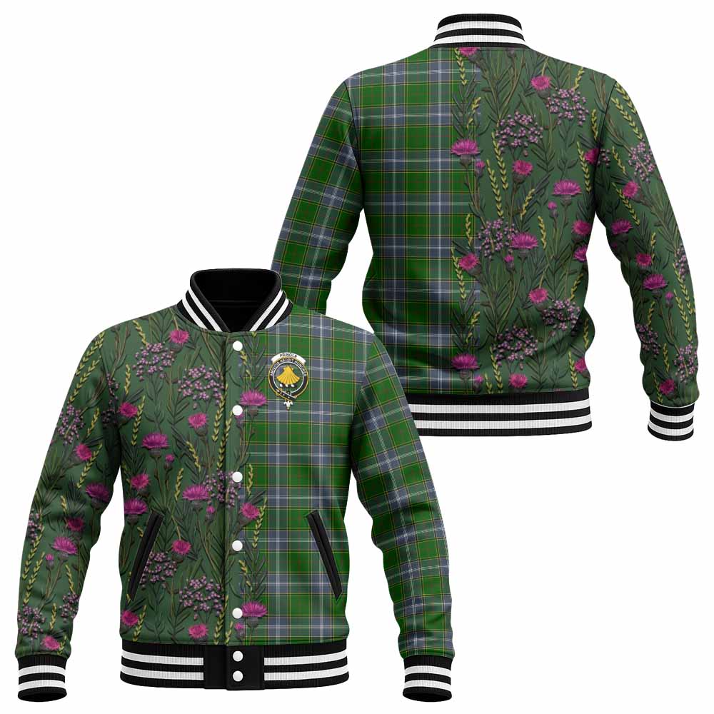 Pringle Family Crest Tartan Baseball Jacket Scottish Thistle Flower Pattern Half Style - Tartan Vibes Clothing