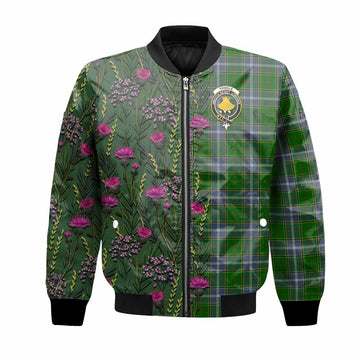 Pringle Family Crest Tartan Bomber Jacket Scottish Thistle Flower Pattern Half Style
