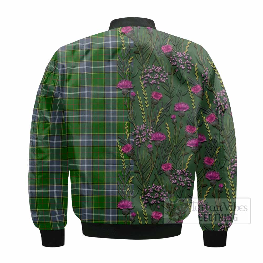 Pringle Family Crest Tartan Bomber Jacket Scottish Thistle Flower Pattern Half Style - Tartan Vibes Clothing