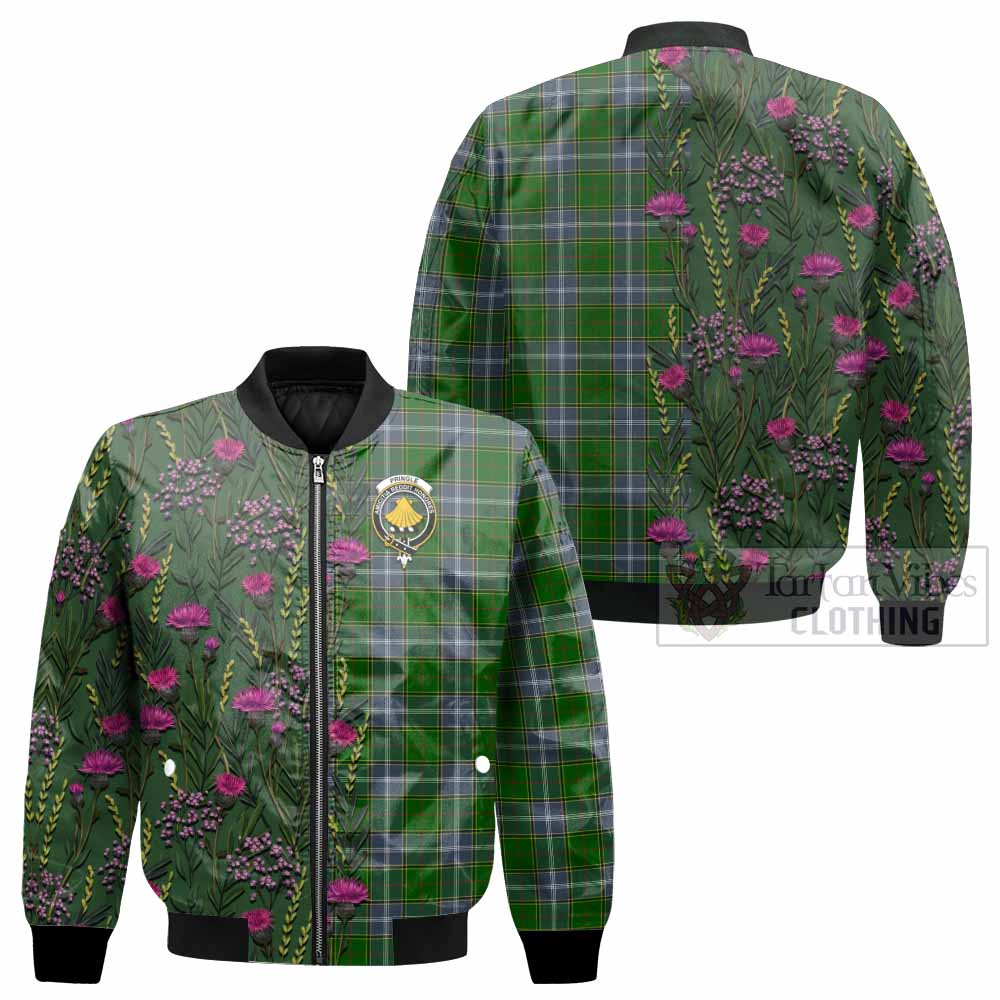 Pringle Family Crest Tartan Bomber Jacket Scottish Thistle Flower Pattern Half Style - Tartan Vibes Clothing