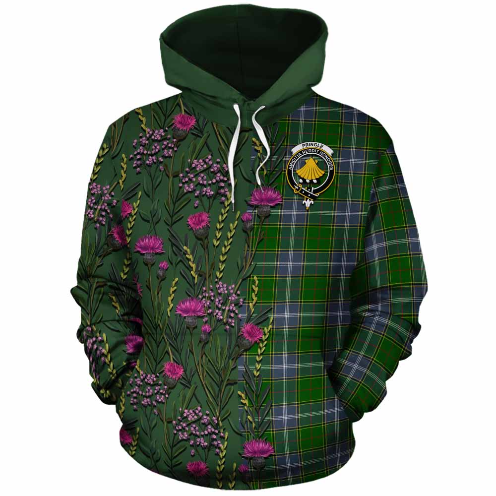 Pringle Family Crest Tartan Cotton Hoodie Scottish Thistle Flower Pattern Half Style - Tartan Vibes Clothing