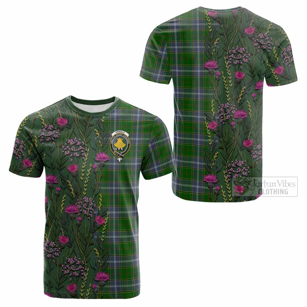 Pringle Family Crest Tartan Cotton T-shirt Scottish Thistle Flower Pattern Half Style - Tartan Vibes Clothing
