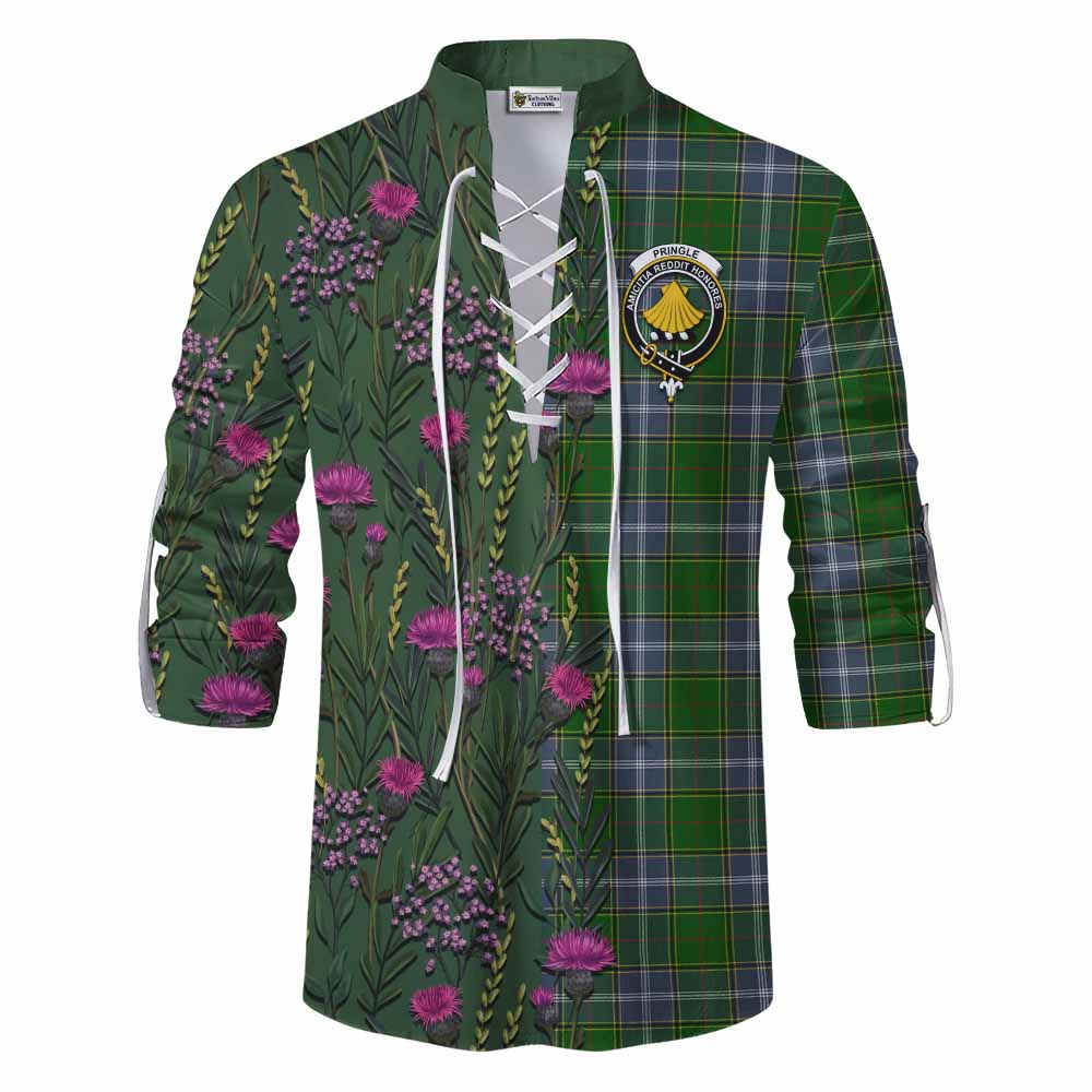 Pringle Family Crest Tartan Ghillie Shirt Scottish Thistle Flower Pattern Half Style - Tartan Vibes Clothing
