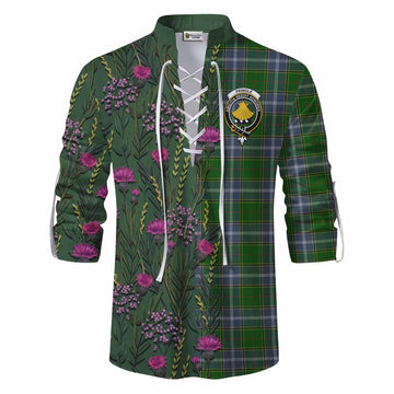 Pringle Family Crest Tartan Ghillie Shirt Scottish Thistle Flower Pattern Half Style