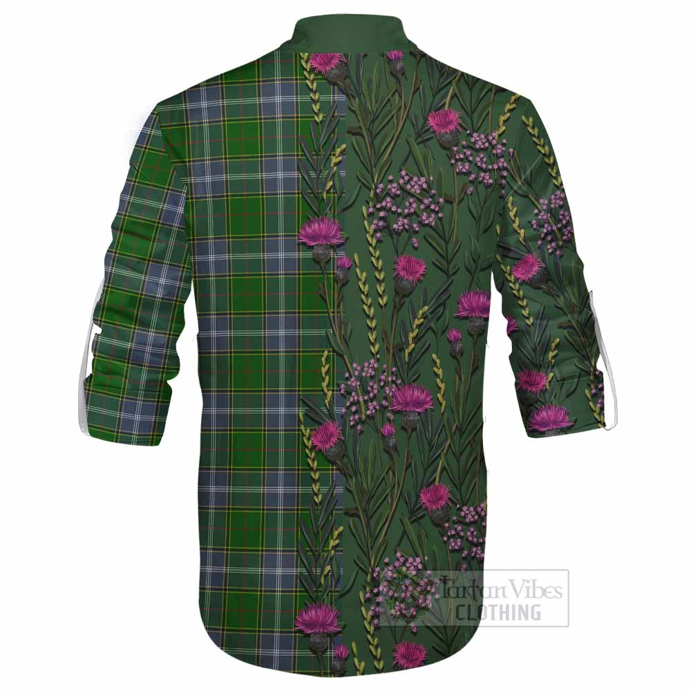 Pringle Family Crest Tartan Ghillie Shirt Scottish Thistle Flower Pattern Half Style - Tartan Vibes Clothing