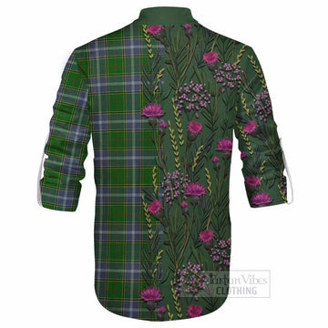 Pringle Family Crest Tartan Ghillie Shirt Scottish Thistle Flower Pattern Half Style