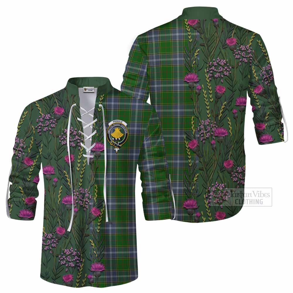 Pringle Family Crest Tartan Ghillie Shirt Scottish Thistle Flower Pattern Half Style - Tartan Vibes Clothing