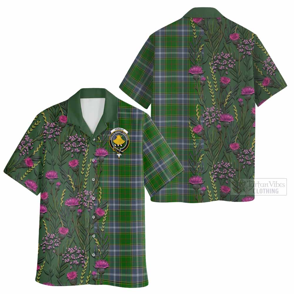 Pringle Family Crest Tartan Hawaiian Shirt Scottish Thistle Flower Pattern Half Style - Tartan Vibes Clothing