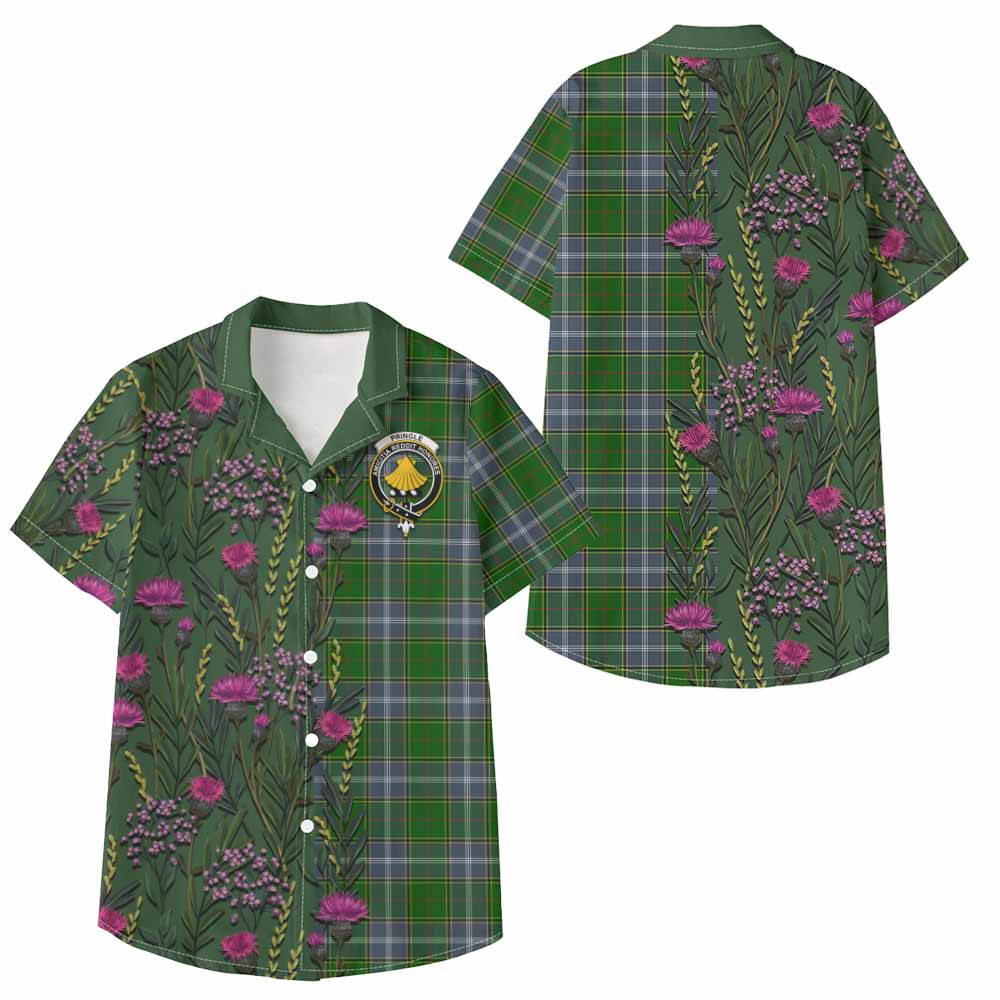 Pringle Family Crest Tartan Kid Hawaiian Shirt Scottish Thistle Flower Pattern Half Style - Tartan Vibes Clothing