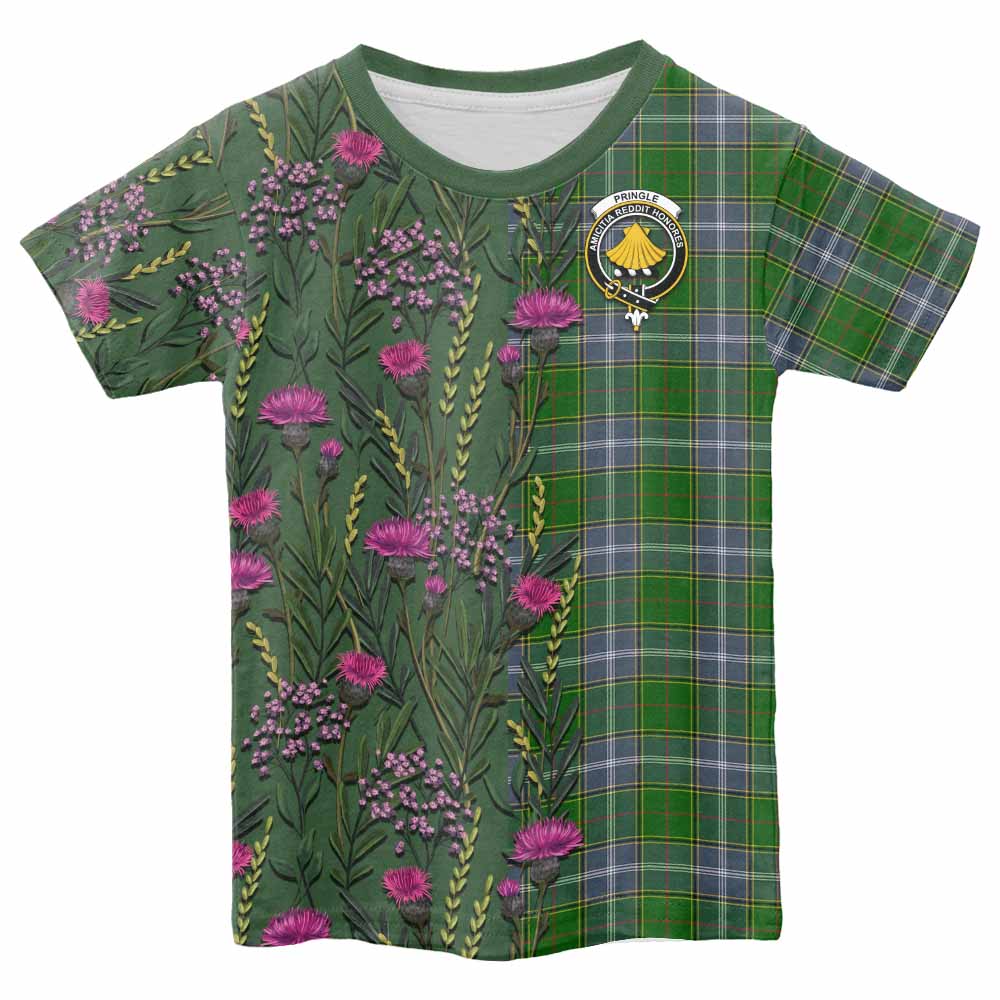 Pringle Family Crest Tartan Kid T-shirt Scottish Thistle Flower Pattern Half Style - Tartan Vibes Clothing