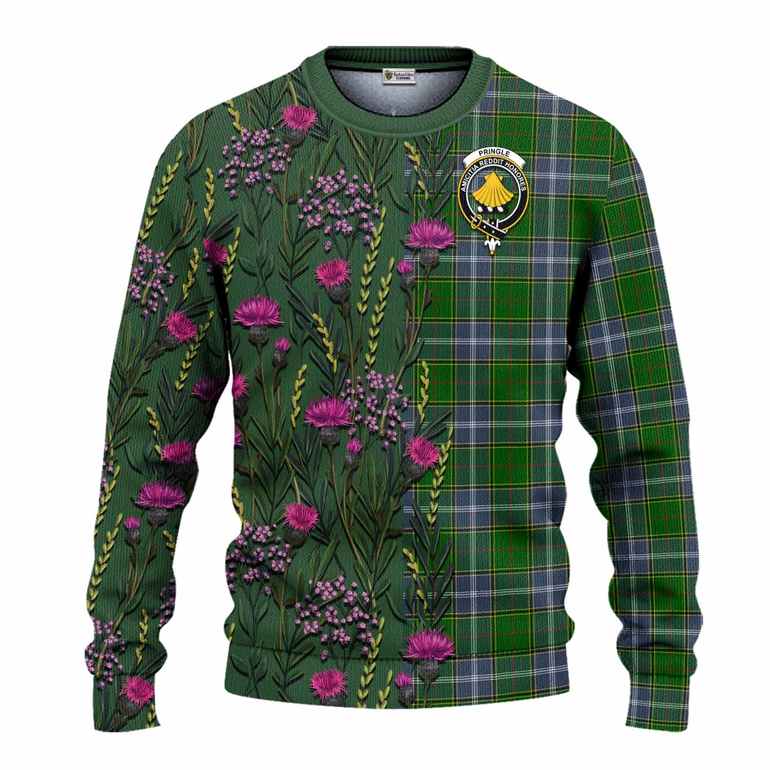 Pringle Family Crest Tartan Knitted Sweater Scottish Thistle Flower Pattern Half Style - Tartan Vibes Clothing