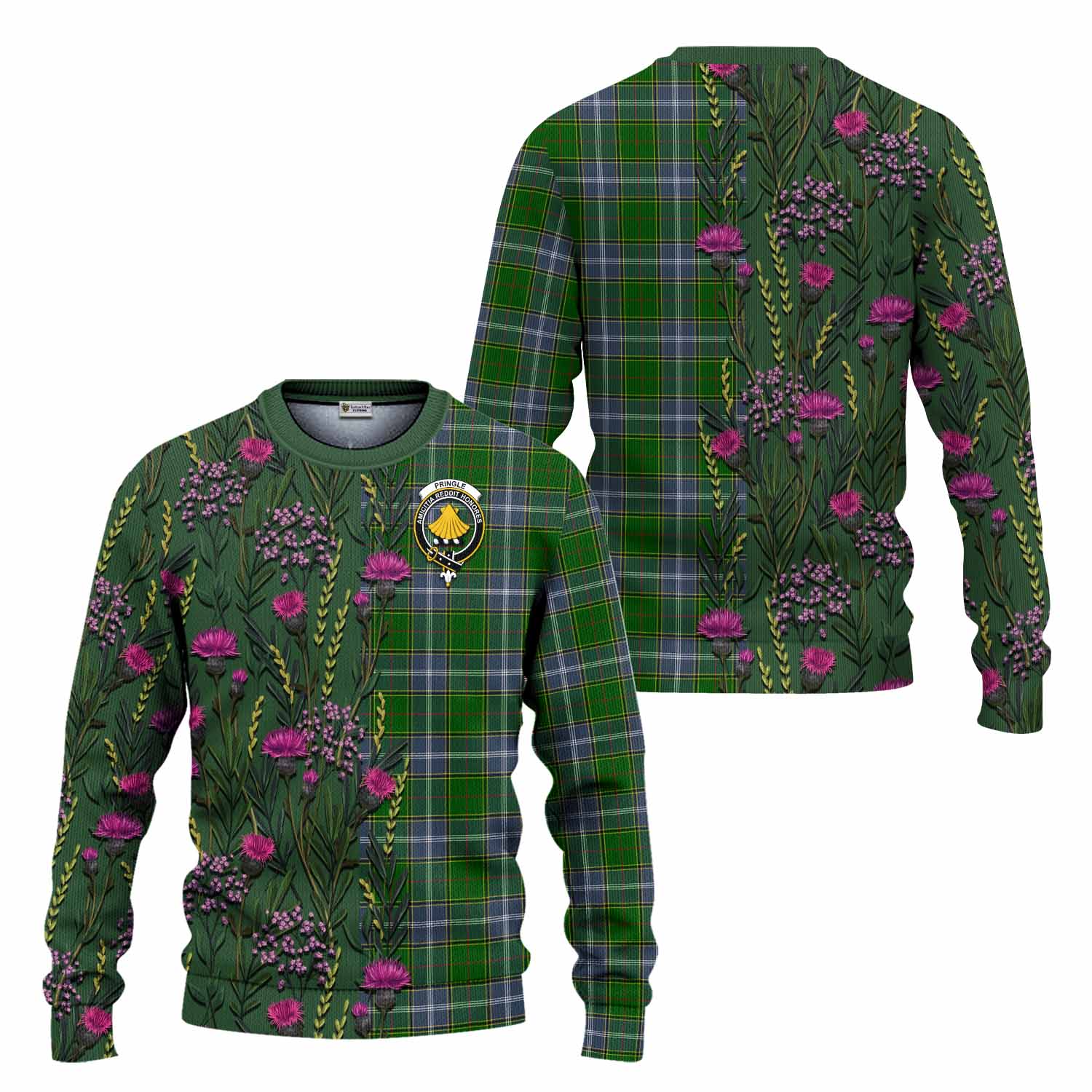 Pringle Family Crest Tartan Knitted Sweater Scottish Thistle Flower Pattern Half Style - Tartan Vibes Clothing