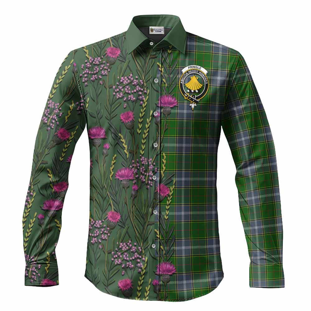 Pringle Family Crest Tartan Long Sleeve Button Shirts Scottish Thistle Flower Pattern Half Style - Tartan Vibes Clothing