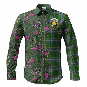 Pringle Family Crest Tartan Long Sleeve Button Shirts Scottish Thistle Flower Pattern Half Style