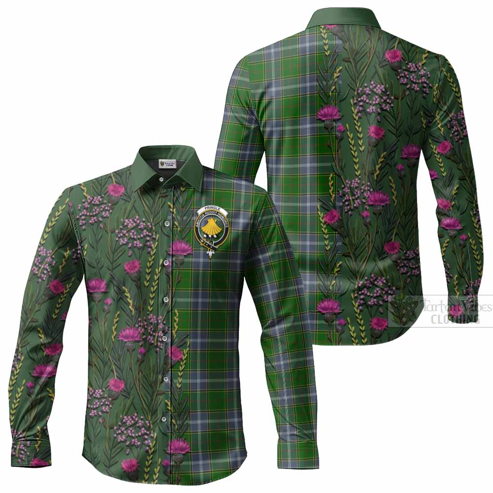 Pringle Family Crest Tartan Long Sleeve Button Shirts Scottish Thistle Flower Pattern Half Style - Tartan Vibes Clothing