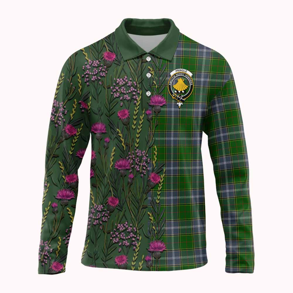 Pringle Family Crest Tartan Long Sleeve Polo Shirt Scottish Thistle Flower Pattern Half Style - Tartan Vibes Clothing