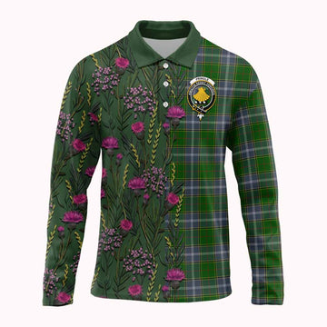 Pringle Family Crest Tartan Long Sleeve Polo Shirt Scottish Thistle Flower Pattern Half Style
