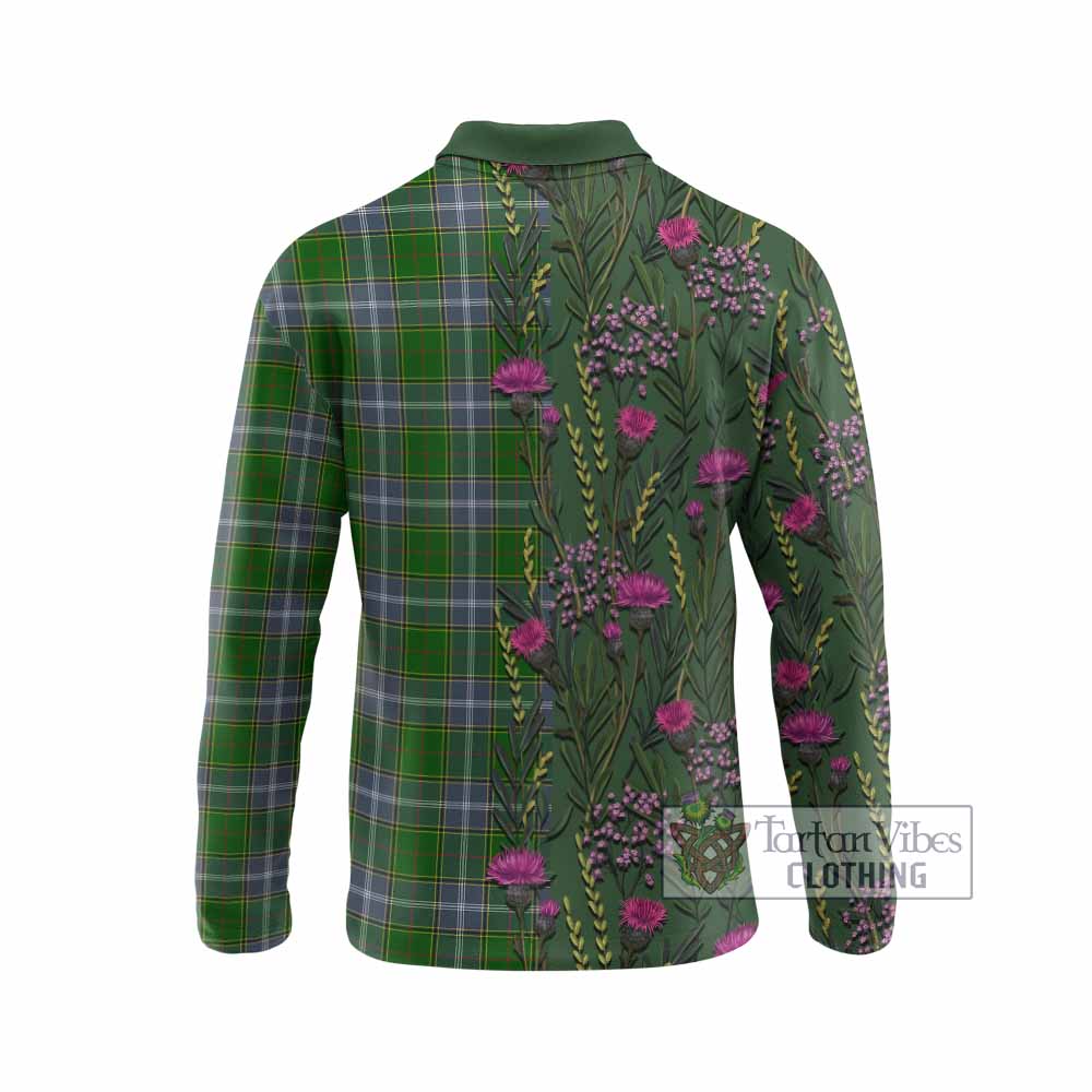 Pringle Family Crest Tartan Long Sleeve Polo Shirt Scottish Thistle Flower Pattern Half Style - Tartan Vibes Clothing