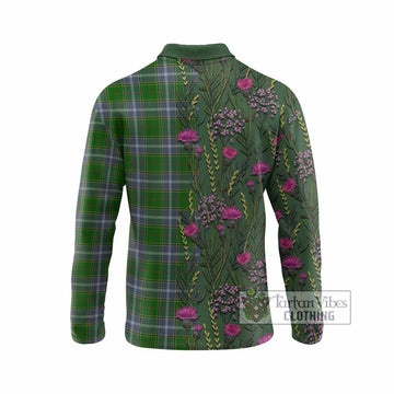 Pringle Family Crest Tartan Long Sleeve Polo Shirt Scottish Thistle Flower Pattern Half Style