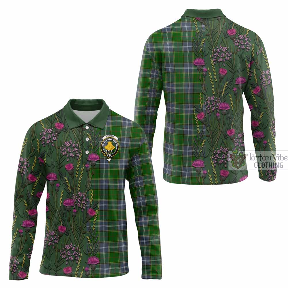 Pringle Family Crest Tartan Long Sleeve Polo Shirt Scottish Thistle Flower Pattern Half Style - Tartan Vibes Clothing