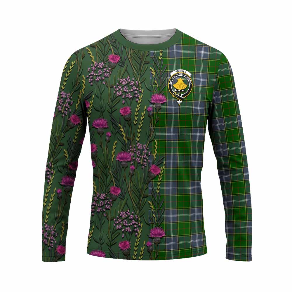 Pringle Family Crest Tartan Long Sleeve T-Shirt Scottish Thistle Flower Pattern Half Style - Tartan Vibes Clothing