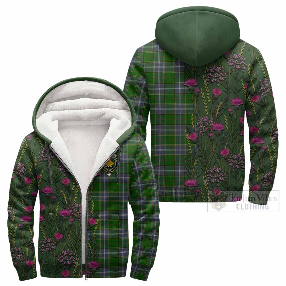 Pringle Family Crest Tartan Sherpa Hoodie Scottish Thistle Flower Pattern Half Style - Tartan Vibes Clothing
