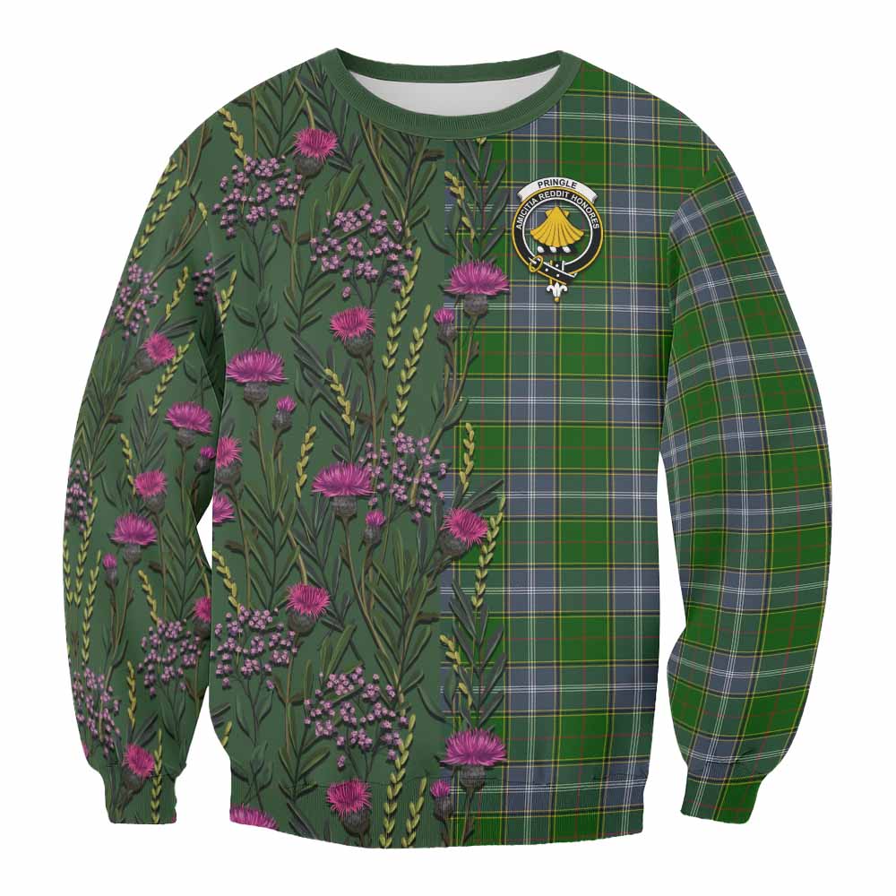 Pringle Family Crest Tartan Sweatshirt Scottish Thistle Flower Pattern Half Style - Tartan Vibes Clothing