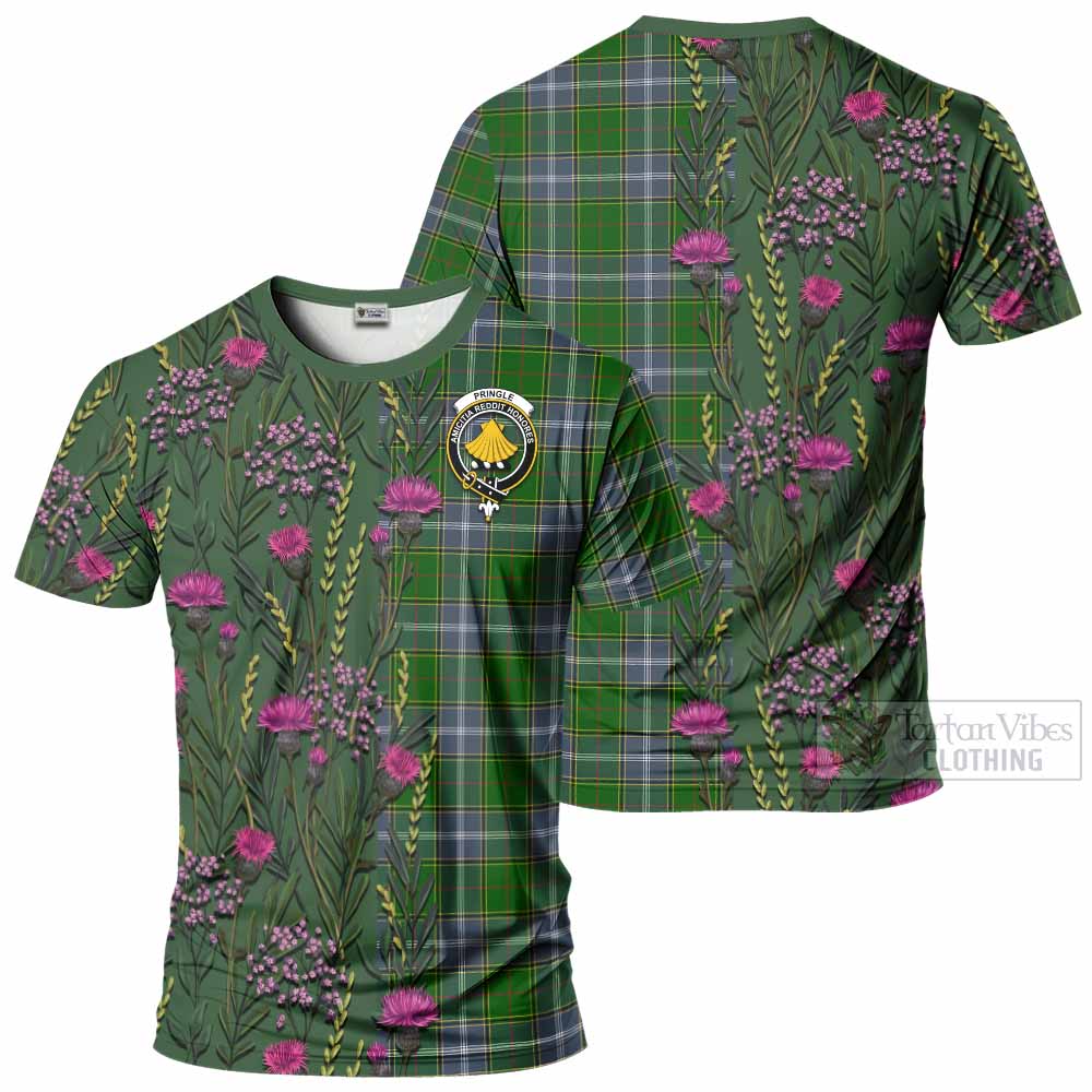 Pringle Family Crest Tartan T-Shirt Scottish Thistle Flower Pattern Half Style - Tartan Vibes Clothing