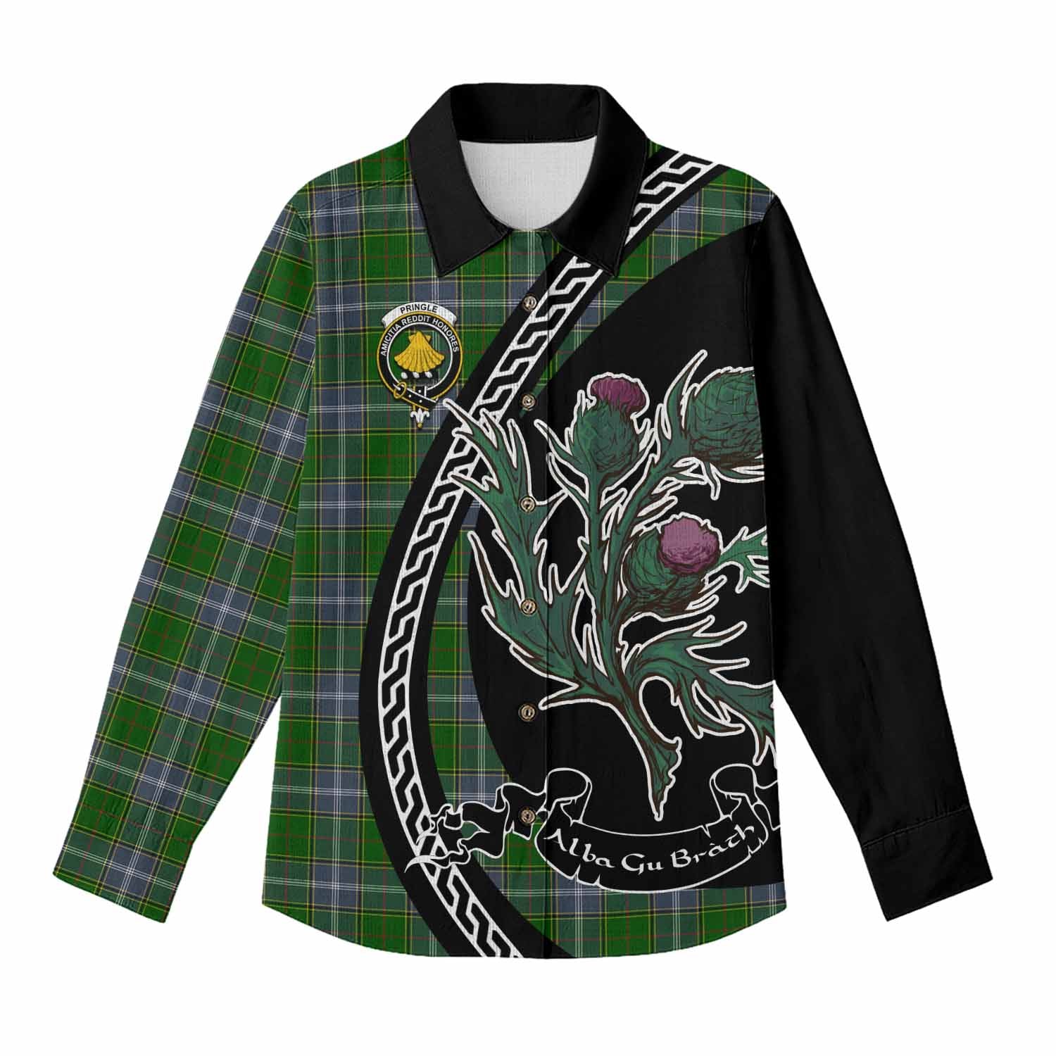 Pringle Family Crest Tartan Women Casual Shirt Alba Thistle Inspired - Tartan Vibes Clothing