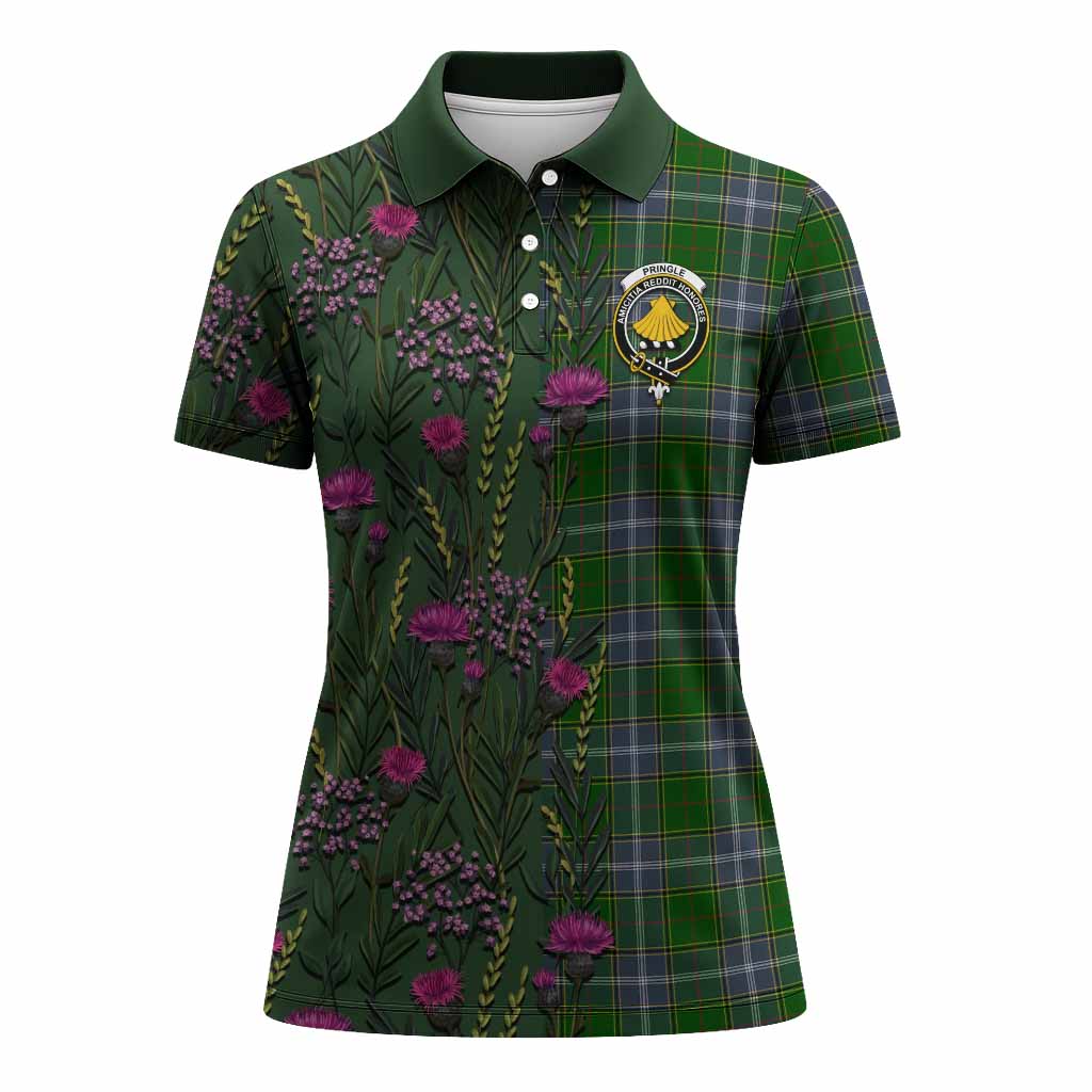 Pringle Family Crest Tartan Women Polo Shirt Scottish Thistle Flower Pattern Half Style - Tartan Vibes Clothing