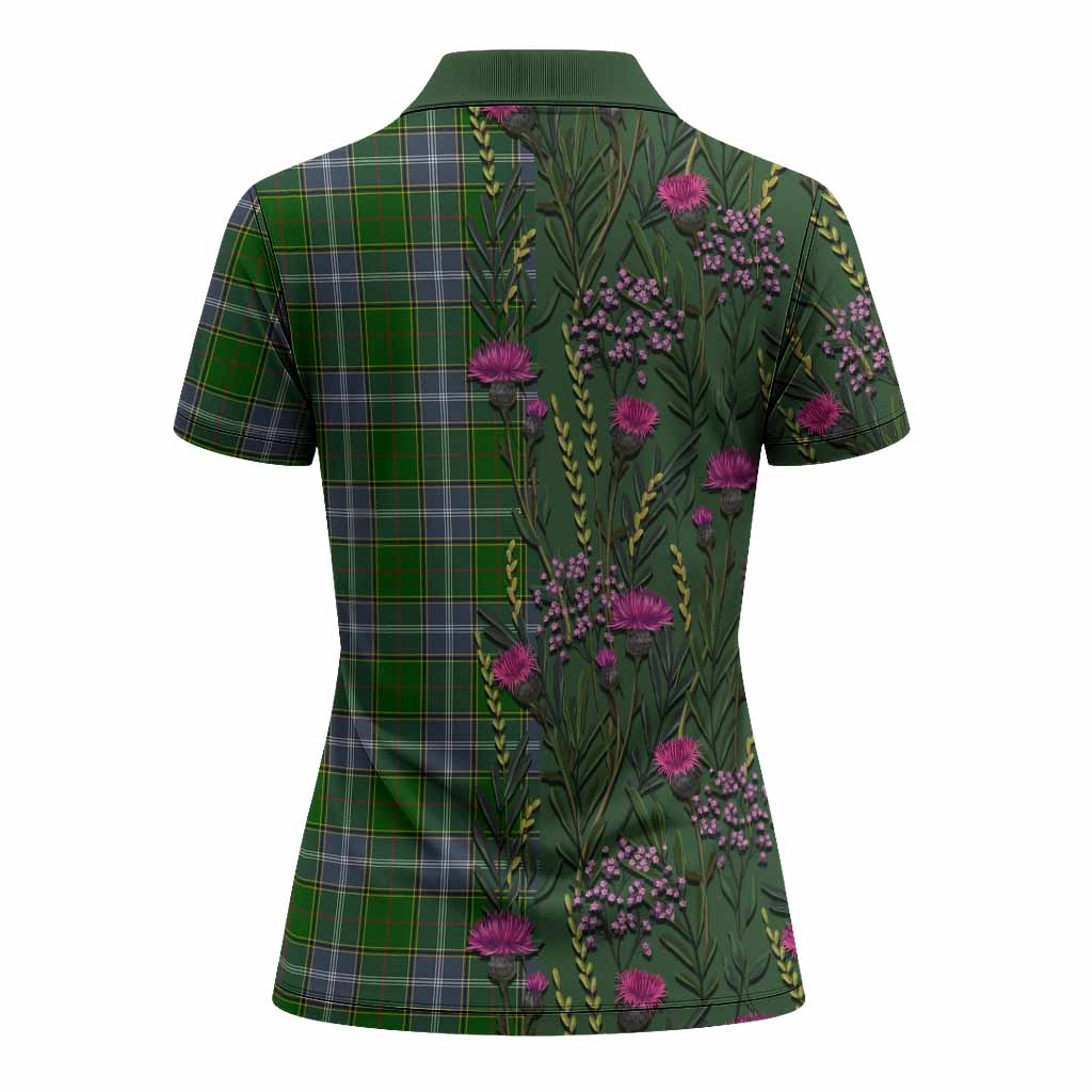 Pringle Family Crest Tartan Women Polo Shirt Scottish Thistle Flower Pattern Half Style - Tartan Vibes Clothing