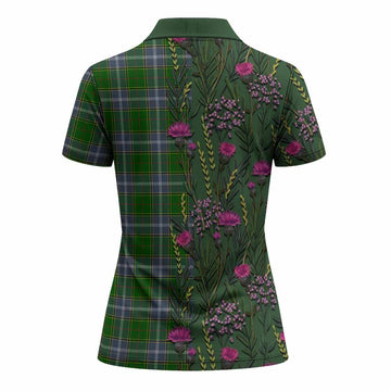 Pringle Family Crest Tartan Women Polo Shirt Scottish Thistle Flower Pattern Half Style