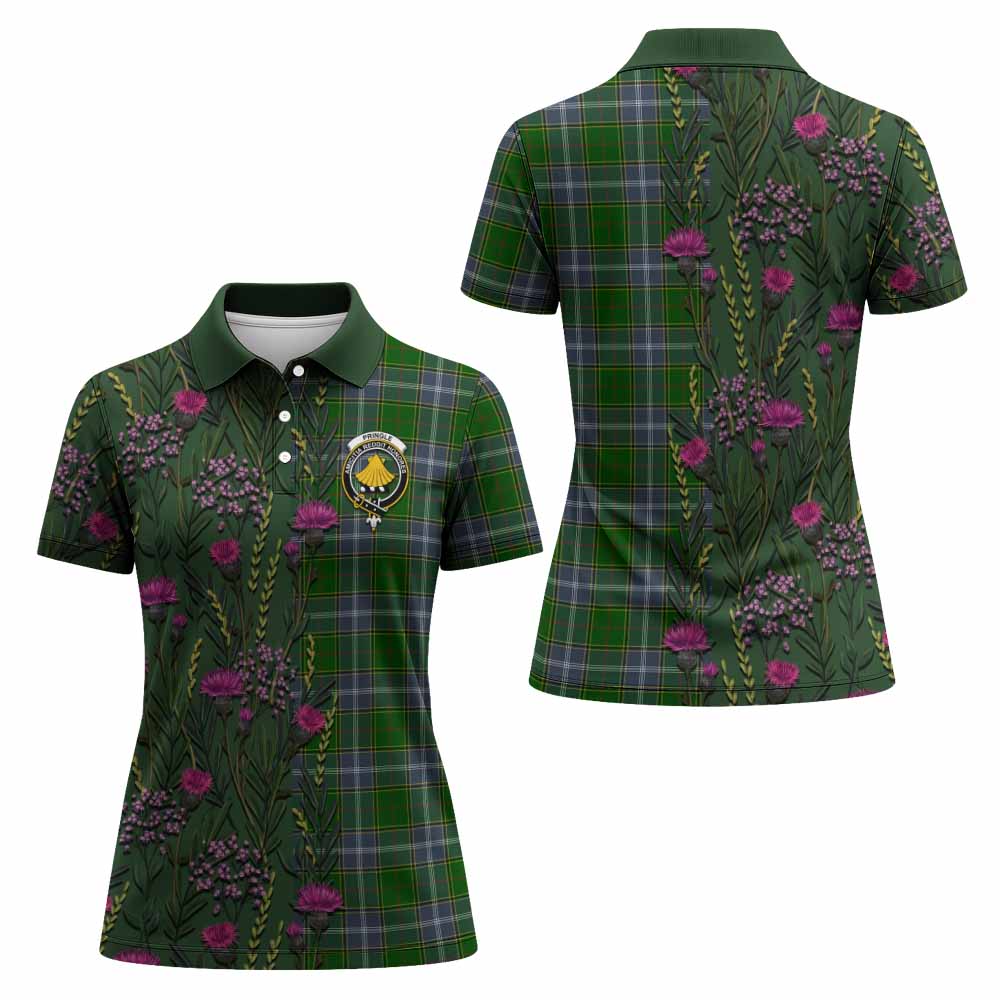 Pringle Family Crest Tartan Women Polo Shirt Scottish Thistle Flower Pattern Half Style - Tartan Vibes Clothing