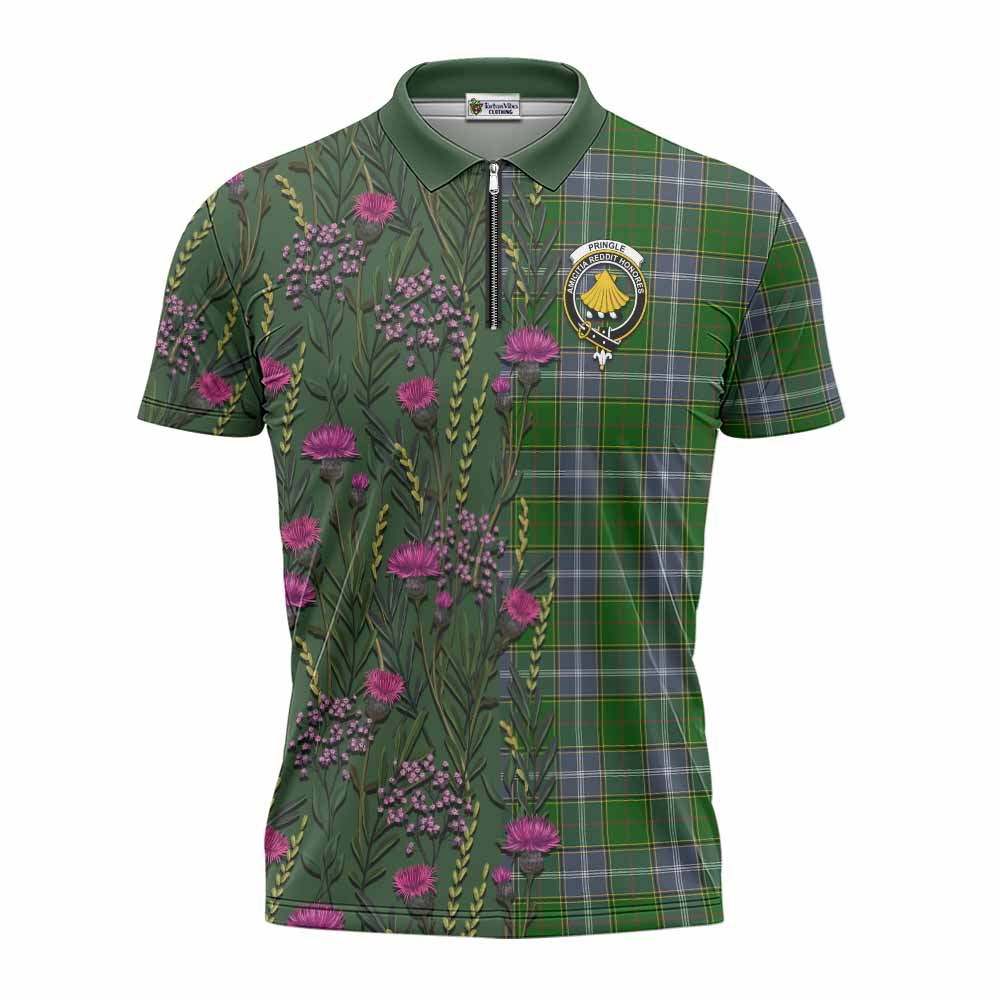 Pringle Family Crest Tartan Zipper Polo Shirt Scottish Thistle Flower Pattern Half Style - Tartan Vibes Clothing