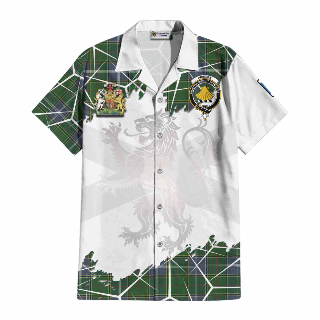 Pringle Tartan Cotton Hawaiian Shirt with Family Crest and Lion Rampant Grunge Style